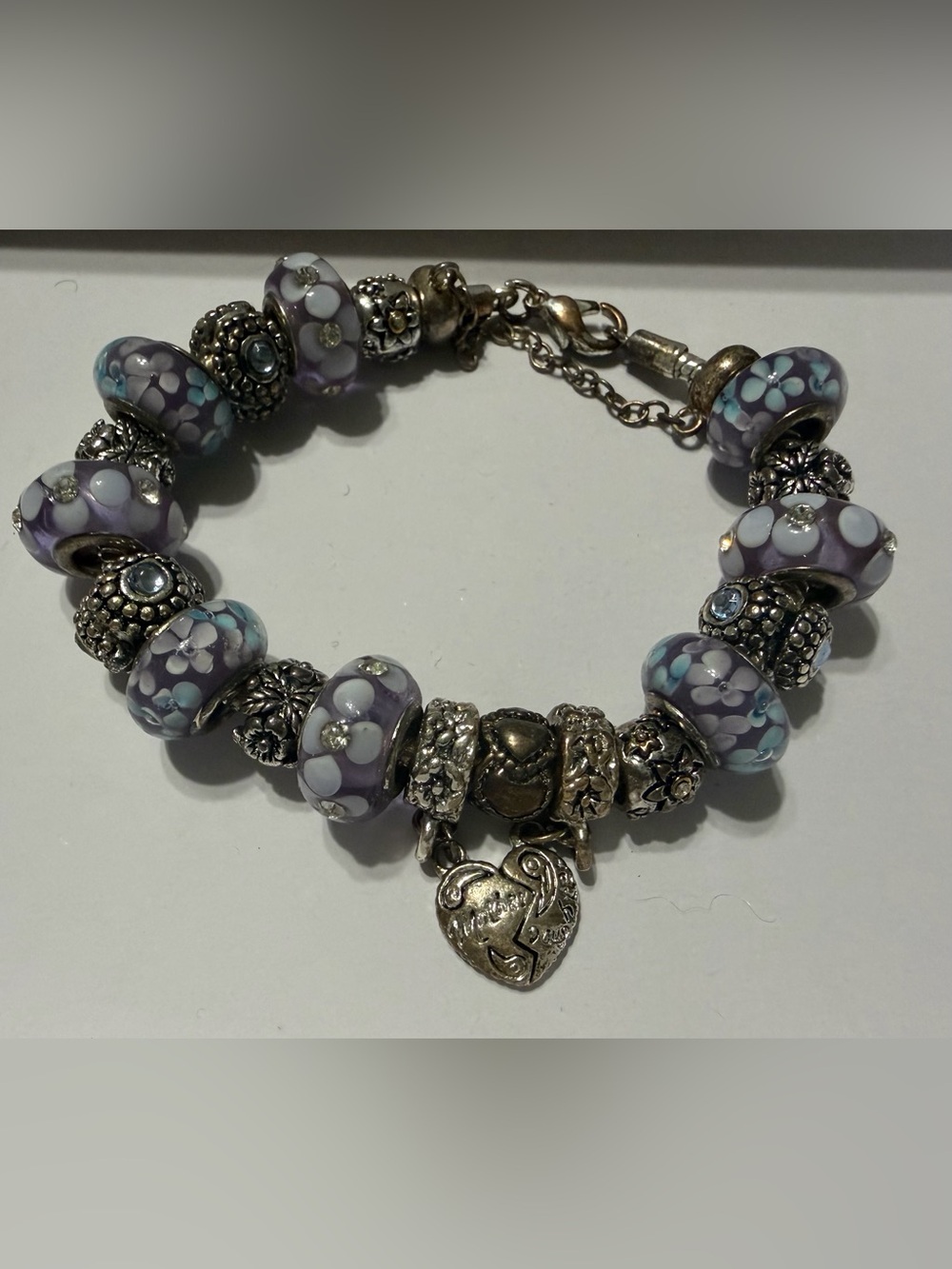 Lavender Glass Bead Charm Bracelet with Silver Accents